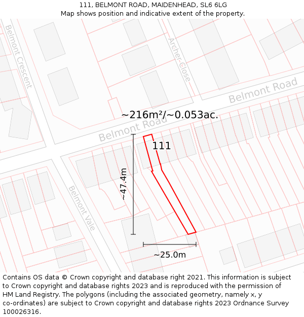 111, BELMONT ROAD, MAIDENHEAD, SL6 6LG: Plot and title map