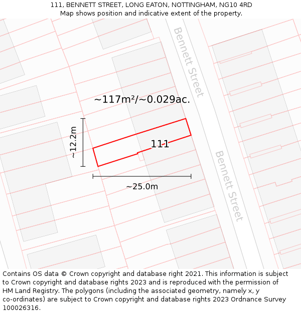 111, BENNETT STREET, LONG EATON, NOTTINGHAM, NG10 4RD: Plot and title map
