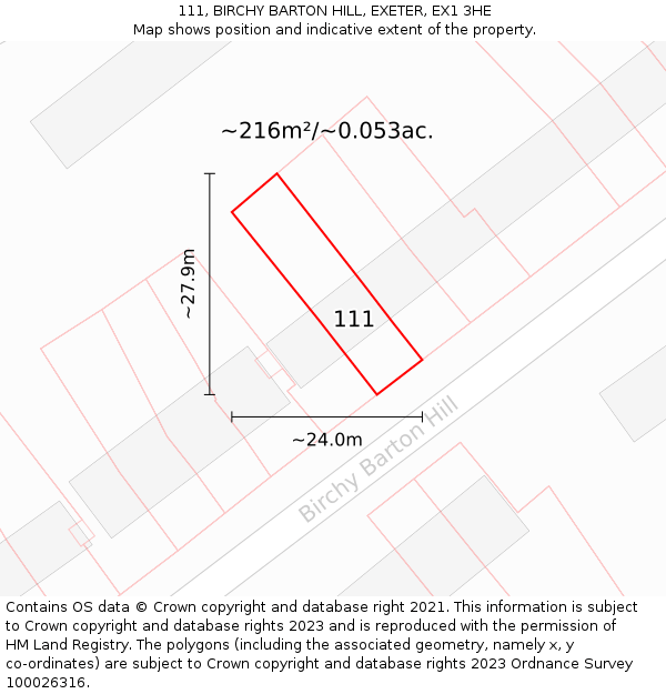 111, BIRCHY BARTON HILL, EXETER, EX1 3HE: Plot and title map