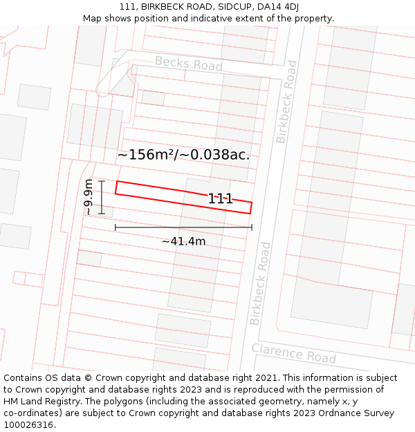 111, BIRKBECK ROAD, SIDCUP, DA14 4DJ: Plot and title map
