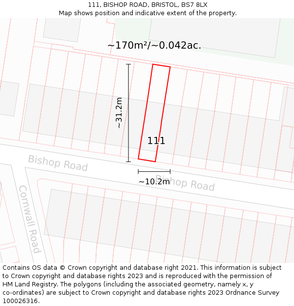 111, BISHOP ROAD, BRISTOL, BS7 8LX: Plot and title map