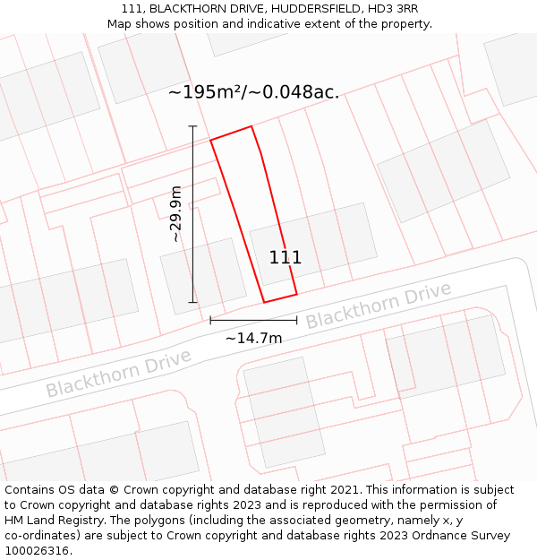 111, BLACKTHORN DRIVE, HUDDERSFIELD, HD3 3RR: Plot and title map