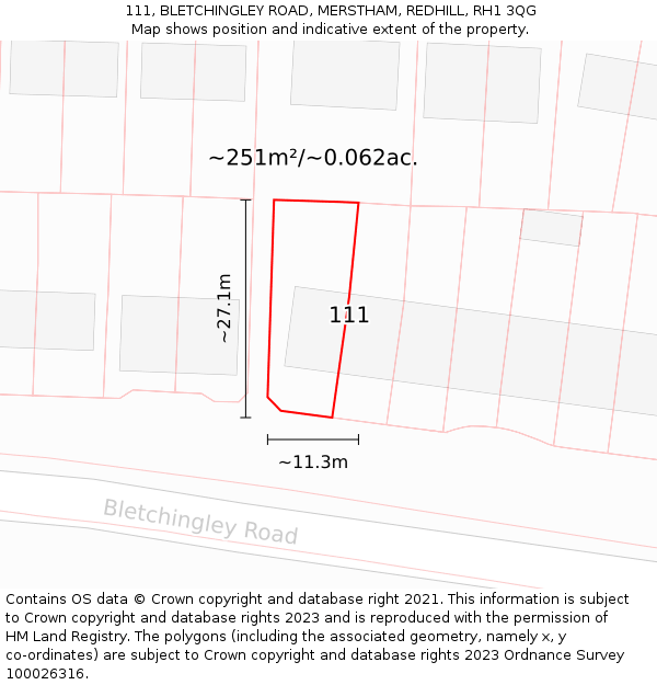 111, BLETCHINGLEY ROAD, MERSTHAM, REDHILL, RH1 3QG: Plot and title map