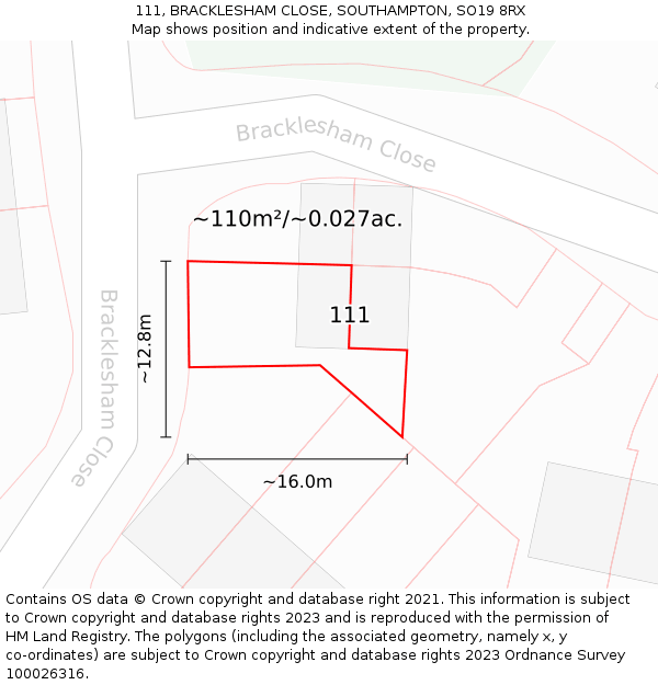 111, BRACKLESHAM CLOSE, SOUTHAMPTON, SO19 8RX: Plot and title map