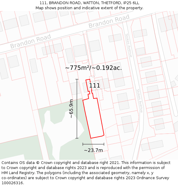111, BRANDON ROAD, WATTON, THETFORD, IP25 6LL: Plot and title map