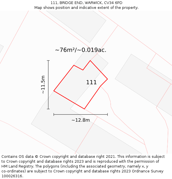 111, BRIDGE END, WARWICK, CV34 6PD: Plot and title map