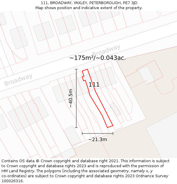 111, BROADWAY, YAXLEY, PETERBOROUGH, PE7 3JD: Plot and title map