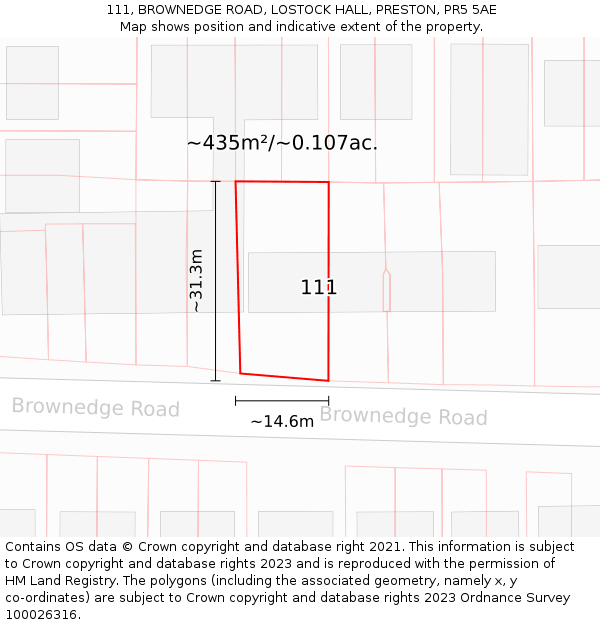 111, BROWNEDGE ROAD, LOSTOCK HALL, PRESTON, PR5 5AE: Plot and title map