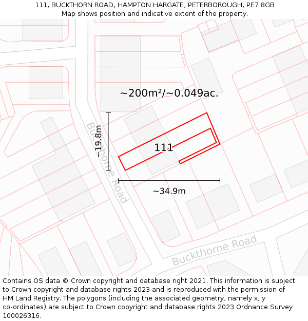 111, BUCKTHORN ROAD, HAMPTON HARGATE, PETERBOROUGH, PE7 8GB: Plot and title map