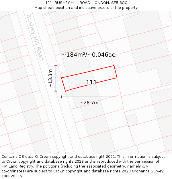 111, BUSHEY HILL ROAD, LONDON, SE5 8QQ: Plot and title map