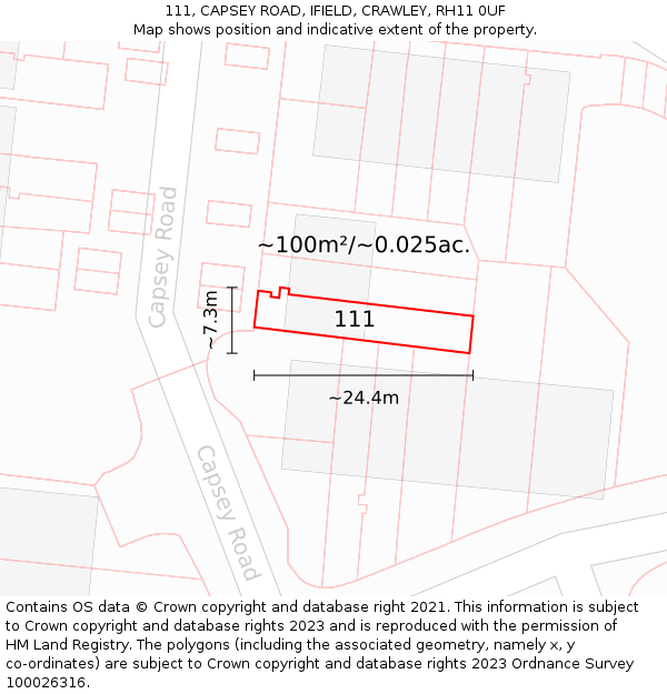 111, CAPSEY ROAD, IFIELD, CRAWLEY, RH11 0UF: Plot and title map