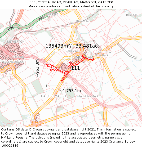 111, CENTRAL ROAD, DEARHAM, MARYPORT, CA15 7EP: Plot and title map