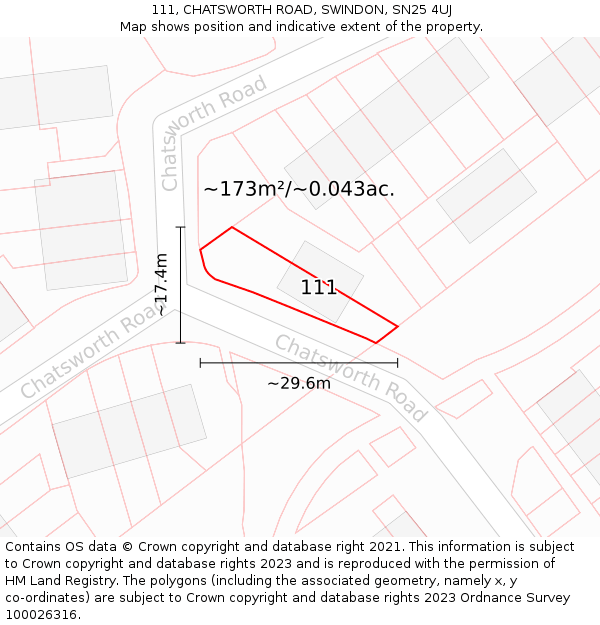 111, CHATSWORTH ROAD, SWINDON, SN25 4UJ: Plot and title map