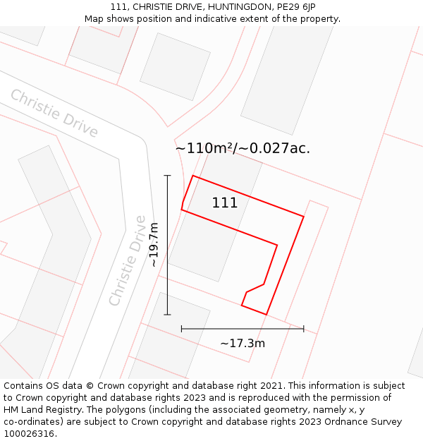 111, CHRISTIE DRIVE, HUNTINGDON, PE29 6JP: Plot and title map