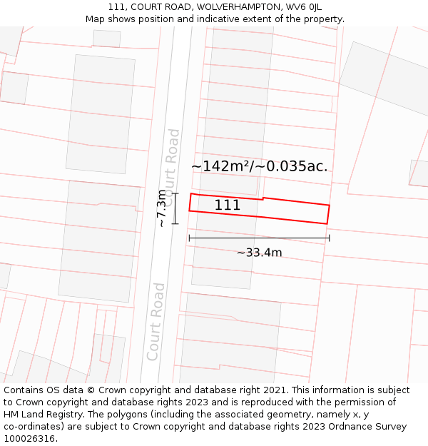 111, COURT ROAD, WOLVERHAMPTON, WV6 0JL: Plot and title map