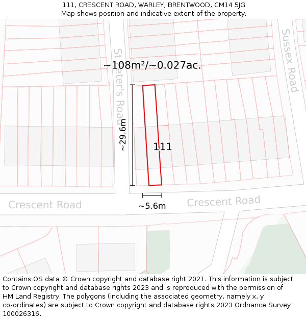 111, CRESCENT ROAD, WARLEY, BRENTWOOD, CM14 5JG: Plot and title map
