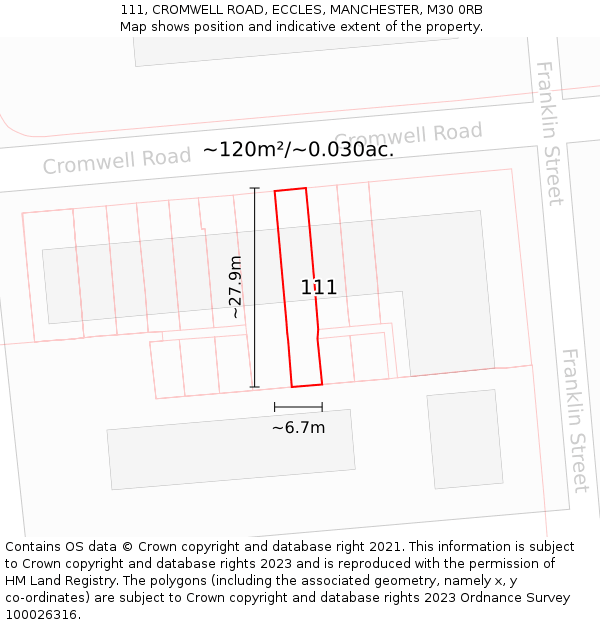 111, CROMWELL ROAD, ECCLES, MANCHESTER, M30 0RB: Plot and title map