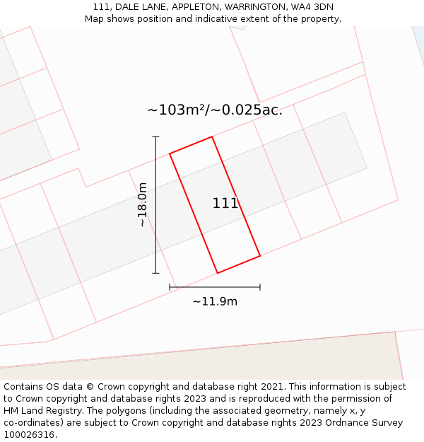 111, DALE LANE, APPLETON, WARRINGTON, WA4 3DN: Plot and title map