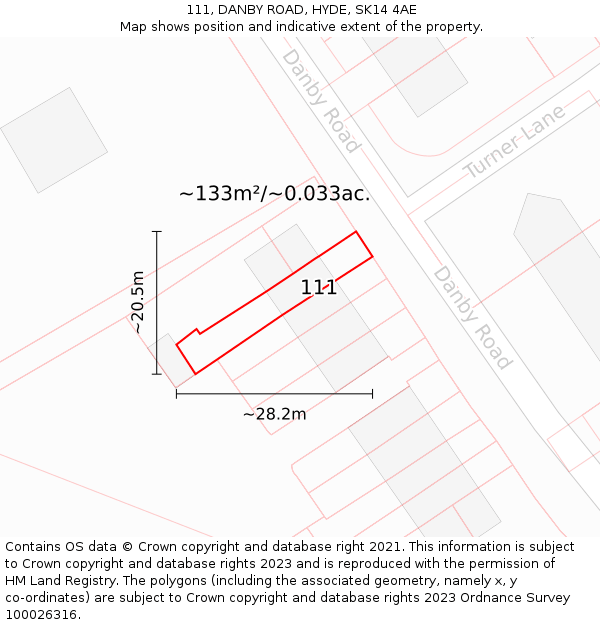 111, DANBY ROAD, HYDE, SK14 4AE: Plot and title map