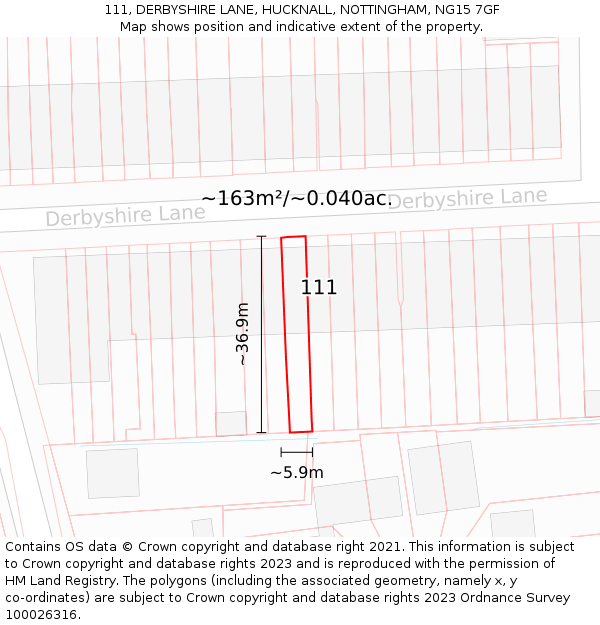 111, DERBYSHIRE LANE, HUCKNALL, NOTTINGHAM, NG15 7GF: Plot and title map