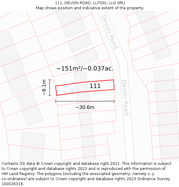 111, DEVON ROAD, LUTON, LU2 0RU: Plot and title map