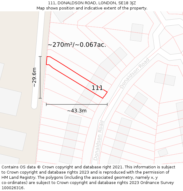 111, DONALDSON ROAD, LONDON, SE18 3JZ: Plot and title map
