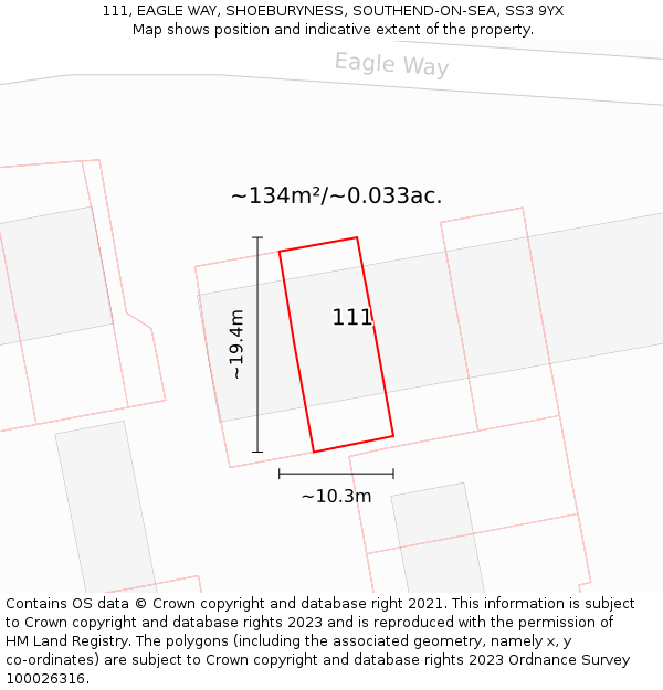 111, EAGLE WAY, SHOEBURYNESS, SOUTHEND-ON-SEA, SS3 9YX: Plot and title map