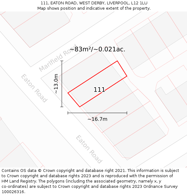 111, EATON ROAD, WEST DERBY, LIVERPOOL, L12 1LU: Plot and title map