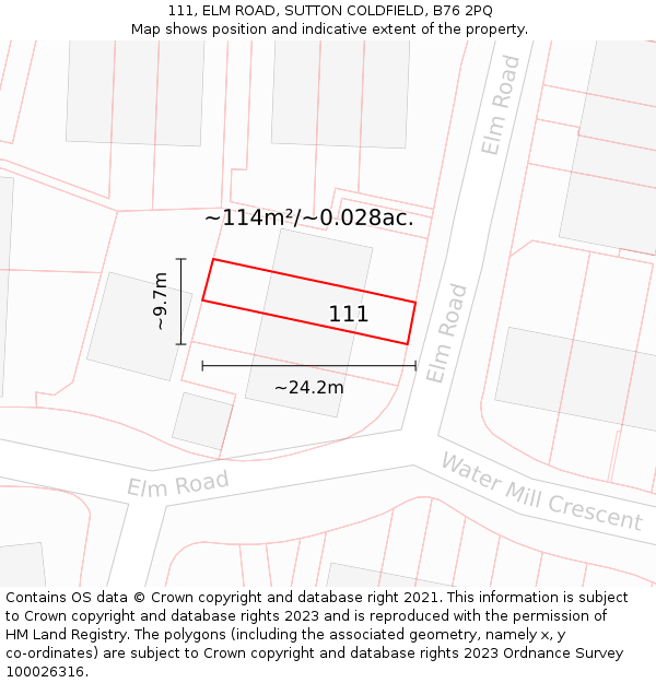 111, ELM ROAD, SUTTON COLDFIELD, B76 2PQ: Plot and title map