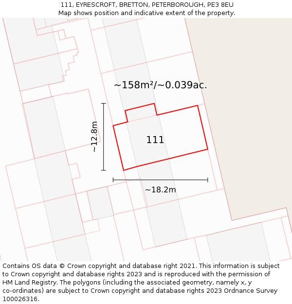 111, EYRESCROFT, BRETTON, PETERBOROUGH, PE3 8EU: Plot and title map