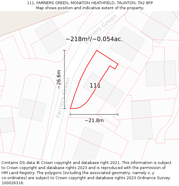 111, FARRIERS GREEN, MONKTON HEATHFIELD, TAUNTON, TA2 8PP: Plot and title map