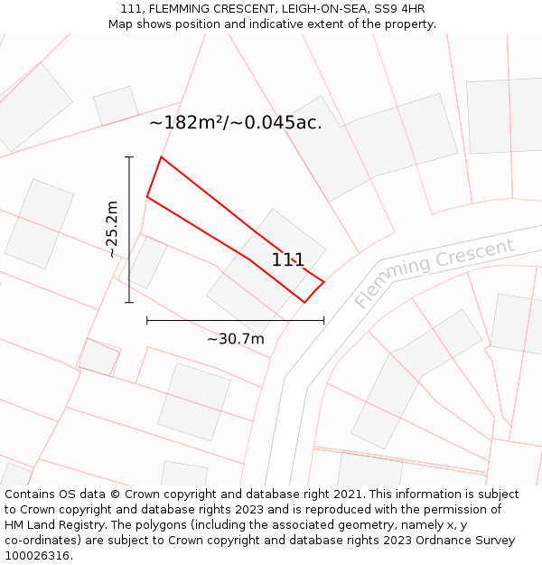 111, FLEMMING CRESCENT, LEIGH-ON-SEA, SS9 4HR: Plot and title map