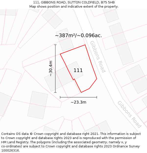111, GIBBONS ROAD, SUTTON COLDFIELD, B75 5HB: Plot and title map