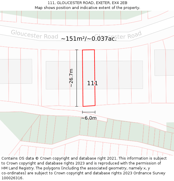 111, GLOUCESTER ROAD, EXETER, EX4 2EB: Plot and title map
