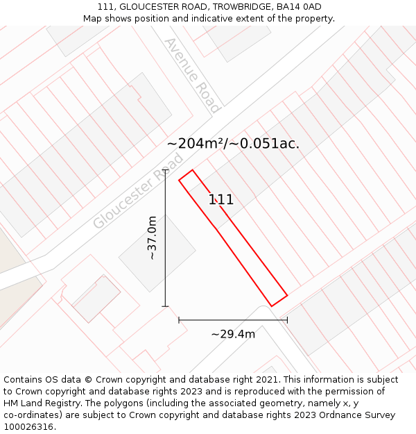 111, GLOUCESTER ROAD, TROWBRIDGE, BA14 0AD: Plot and title map