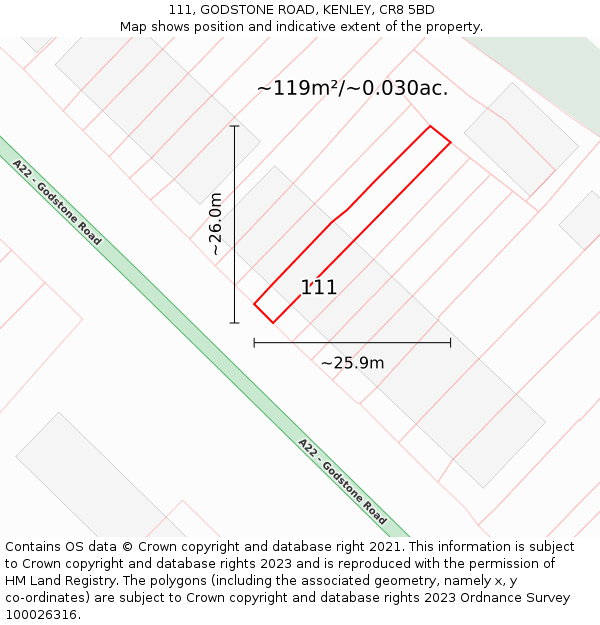 111, GODSTONE ROAD, KENLEY, CR8 5BD: Plot and title map