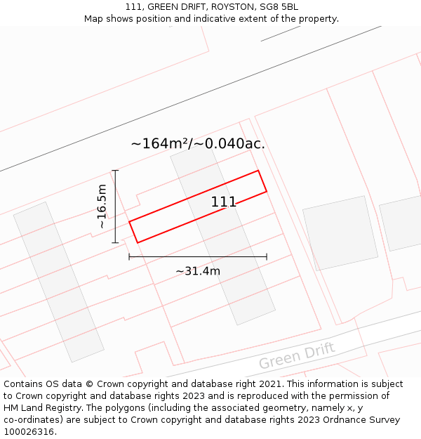 111, GREEN DRIFT, ROYSTON, SG8 5BL: Plot and title map