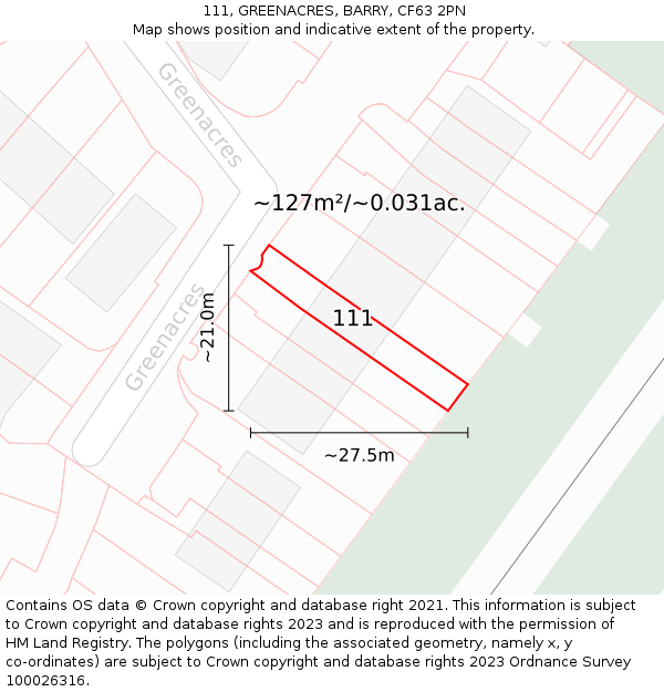 111, GREENACRES, BARRY, CF63 2PN: Plot and title map