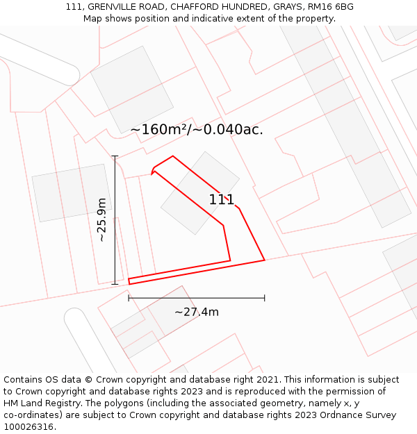 111, GRENVILLE ROAD, CHAFFORD HUNDRED, GRAYS, RM16 6BG: Plot and title map