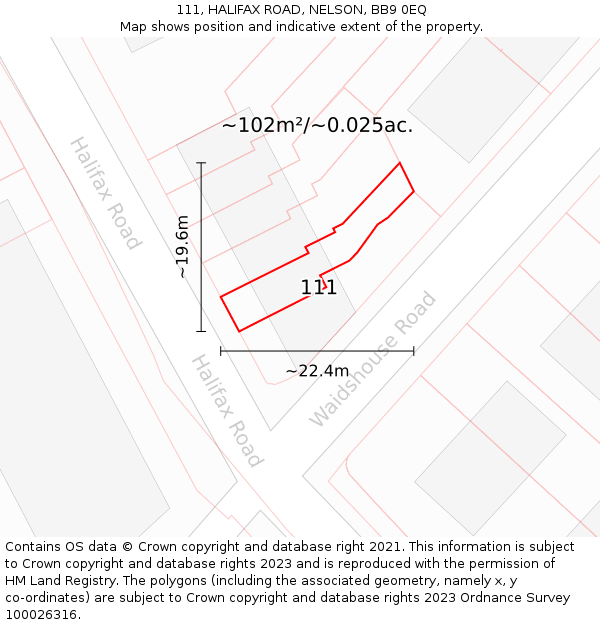 111, HALIFAX ROAD, NELSON, BB9 0EQ: Plot and title map