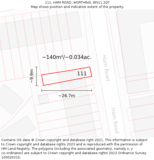111, HAM ROAD, WORTHING, BN11 2QT: Plot and title map