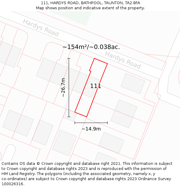 111, HARDYS ROAD, BATHPOOL, TAUNTON, TA2 8FA: Plot and title map