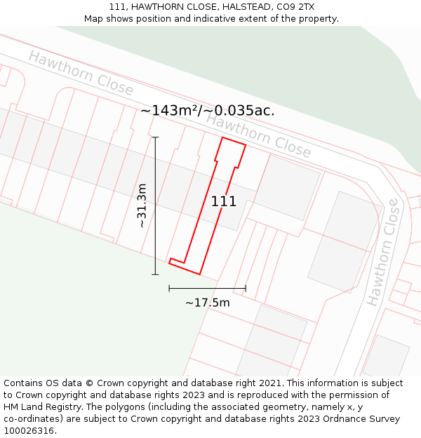111, HAWTHORN CLOSE, HALSTEAD, CO9 2TX: Plot and title map