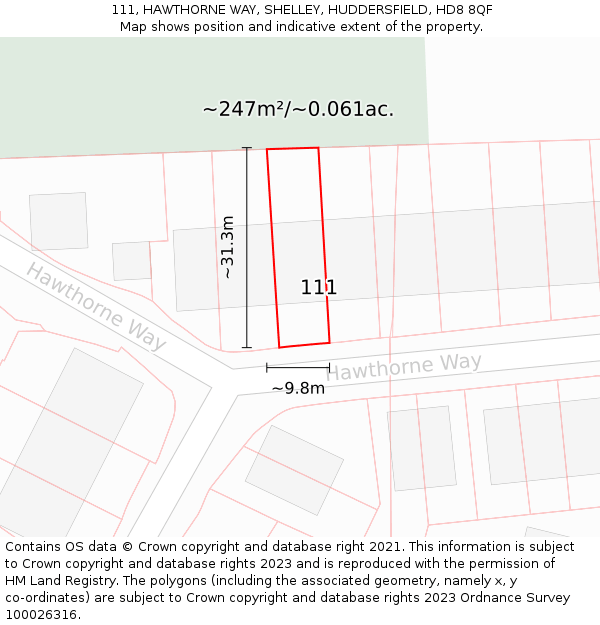 111, HAWTHORNE WAY, SHELLEY, HUDDERSFIELD, HD8 8QF: Plot and title map