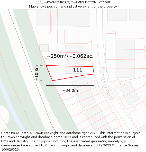 111, HAYWARD ROAD, THAMES DITTON, KT7 0BF: Plot and title map