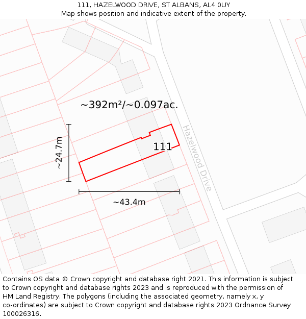 111, HAZELWOOD DRIVE, ST ALBANS, AL4 0UY: Plot and title map
