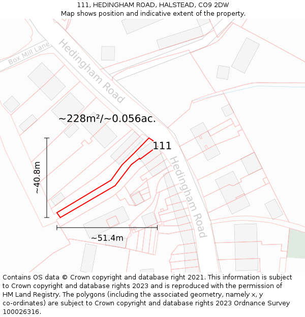 111, HEDINGHAM ROAD, HALSTEAD, CO9 2DW: Plot and title map