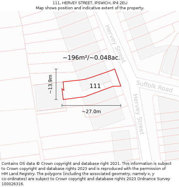 111, HERVEY STREET, IPSWICH, IP4 2EU: Plot and title map