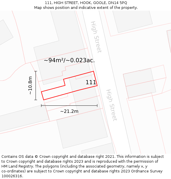 111, HIGH STREET, HOOK, GOOLE, DN14 5PQ: Plot and title map