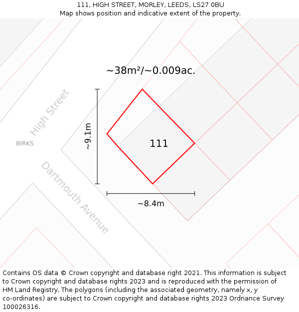 111, HIGH STREET, MORLEY, LEEDS, LS27 0BU: Plot and title map
